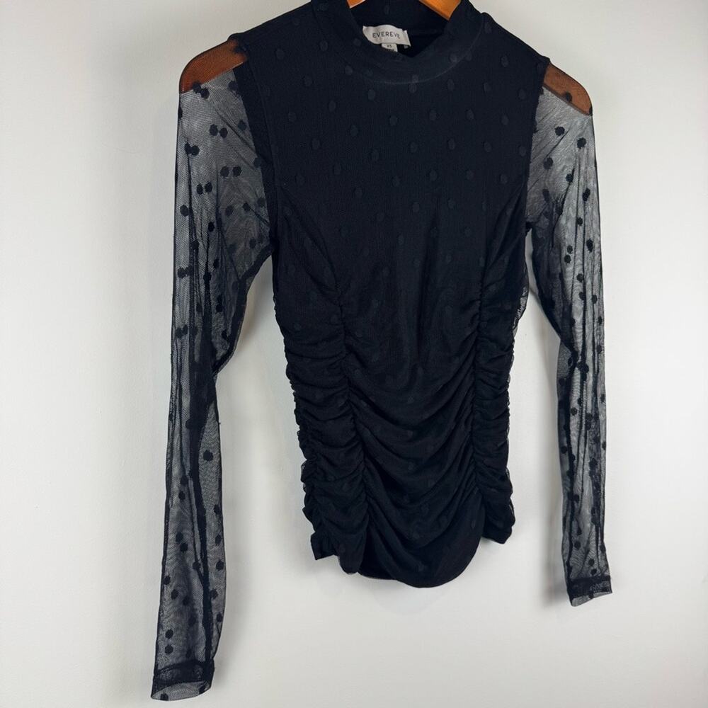 Evereve Sheer Black Ruched Top with Polka Dot Detail ~ XS - Picture 3 of 12